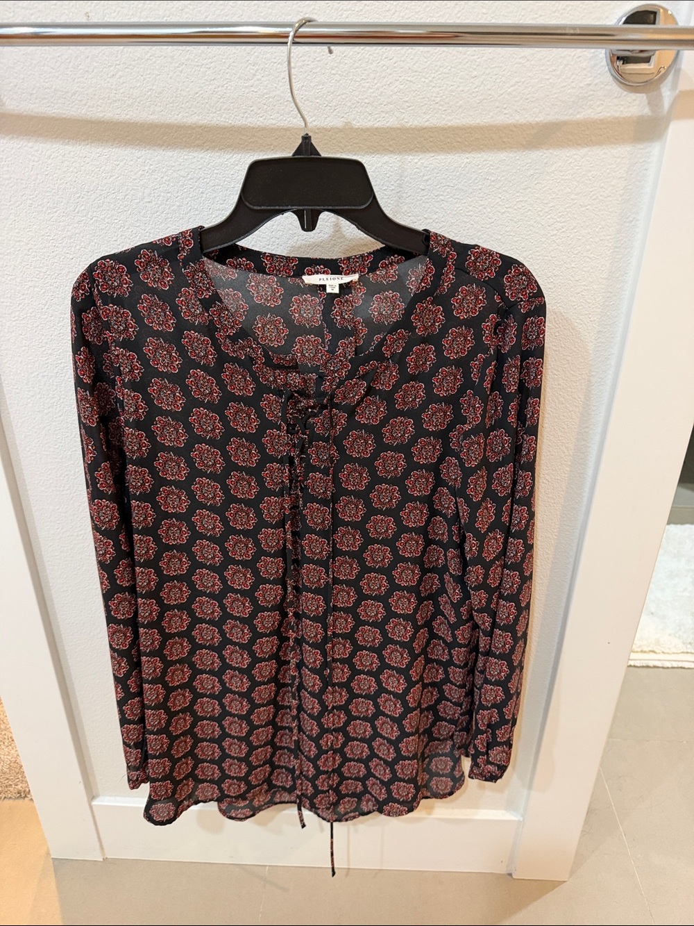 Pleione Black Blouse with Red Floral Print